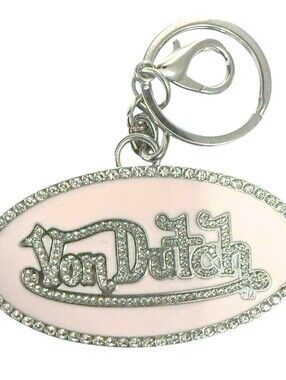 Von Dutch Oval Charm Crystal Logo Keychain Light Pink Silver Ring Lobster Clasp